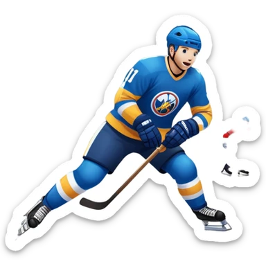 An icon featuring a hockey player in action, skating with a stick and puck on a fast-paced ice rink. The background shows a packed stadium with cheering fans, bright lights, and a snowy landscape visible through the arena's windows. Transparent background captures the excitement. sticker