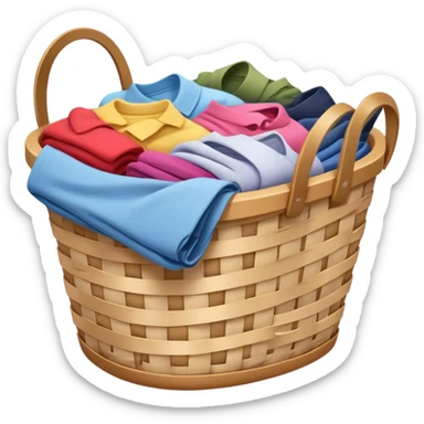 A laundry basket filled with clothes, some neatly folded and others piled up. The basket is made of plastic or woven material, with handles on the sides sticker