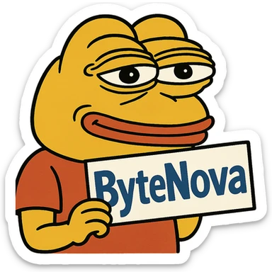 yellow Pepe the Frog meme holding 'ByteNova' text, humorous and expressive style sticker