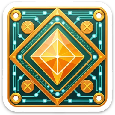 Futuristic reward points icon with PFD in the middle, diamond or hexagon shape, circuit board lines, Bloomberg terminal aesthetic, gold orange phosphor glow on dark background, minimalist geometric, no text, fintech style, clean edges, professional icon design sticker