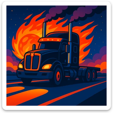 Add a big, colorful cartoon fireball behind the black Kenworth T680 Flat Top semi truck on the nighttime highway, keeping the energetic cartoon style and smoke from the stacks. sticker