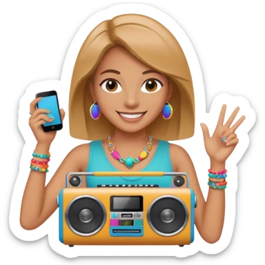 woman holding colorful boombox sticker