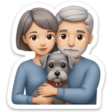a shorthair girl with husband hugging a grey Schnauzer dog sticker