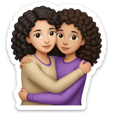 Hispanic mother with curly black hair hugging daughter with straight brown hair hugging sticker