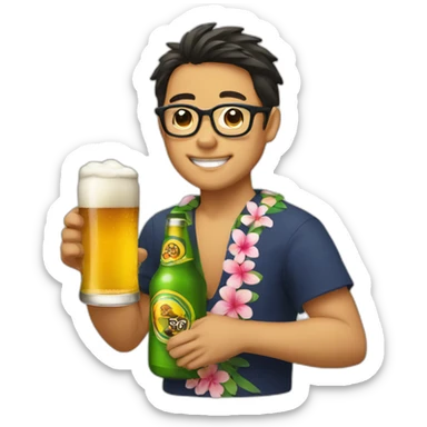Japanese wearing glasses alohashirt is holding beer sticker