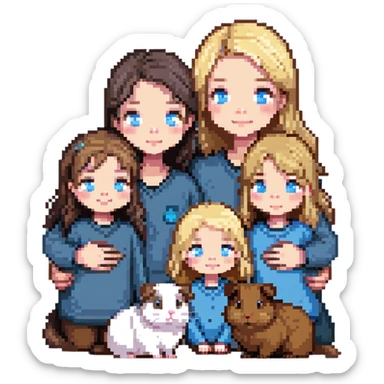Family portrait with father with dark brown hair and blue eyes, mother with light brown hair and blue eyes, three blonde little girls with blue eyes, plus a grey cat and two guinea pigs sticker