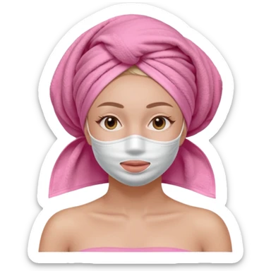 Clean girl influencer character, chest-up portrait, wearing a pink towel wrapped around the head, full face facial skincare mask on face, relaxed confident expression, soft glow skin, minimal chic aesthetic, subtle beauty accessories, calm self-care vibe sticker