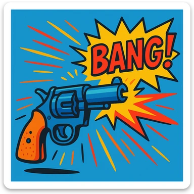 cartoon-style revolver firing with comic-style 'BANG' text popping out from the barrel instead of a bullet, vibrant toon style, bright colors, exaggerated motion lines sticker