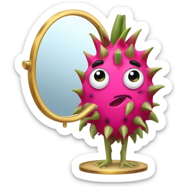 3D elegant Pitahaya with large shiny eyes 👀 one hand holds the mirror with its reflection 🪞 sticker
