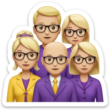 FIVE person team; 2 men and 3 women.  All dressed in yellow or purple.  2 caucasian women have blonde and 1 has ash blonde hair tied up.  1 man is black and bald, 1 man is caucasian and very little hair left.  All have glasses sticker