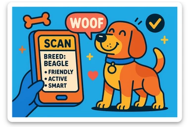 fun scene with scanner display showing dog's breed and characteristics, pop-up text bubbles and icons, dog looking proud, playful and colorful style sticker