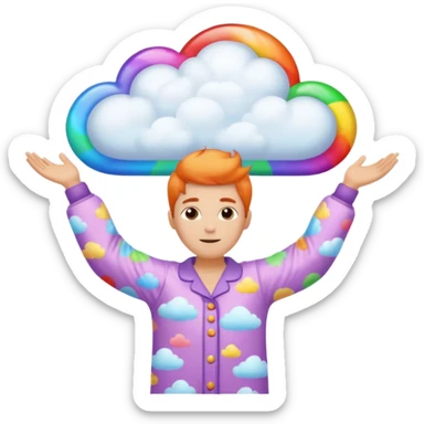 person in pajamas with arms wide, colorful dream cloud above head sticker