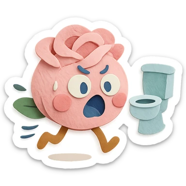 soft pink rose flower with puffed cheeks making a panicked toilet run, eyes bulging, legs dashing, pastel tones, chibi round shape sticker