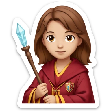 Girl with Girls Brown hair and a gryffindor Robe and a small wooden wand and light Skin sticker