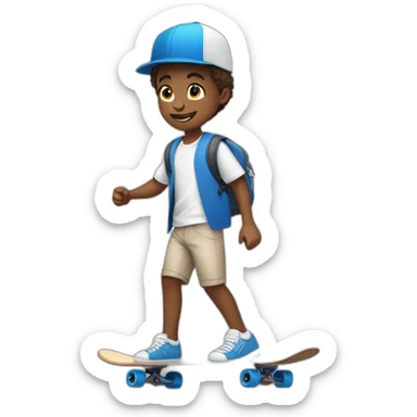Boy in blue school shorts and white shirt sleeve shirt riding a skateboard sticker