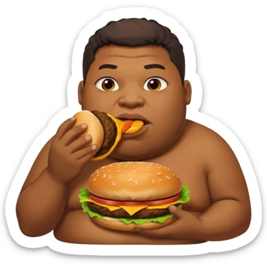 Fat African American guy eats a hamburger and in the background Pudge from Dota 2 farts sticker