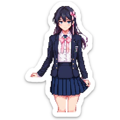 Japanese anime schoolgirl in a navy blazer, white blouse with pink ribbon, navy pleated skirt, standing in a classroom at sunset with orange glow and long shadows, one desk pulled out, black shoes, looking toward window, mood of absence and longing sticker