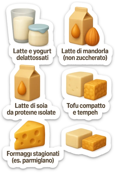 emoji stile iphone 3d di questi elementi che fluttuano in aria:

Latte e yogurt delattosati
Latte di mandorla (non zuccherato)
Latte di soia da proteine isolate
Formaggi stagionati (es. parmigiano)
Tofu compatto e tempeh
 che fluttuano in aria,  le etichette scrivile in italiano, iperealistico 4k sticker