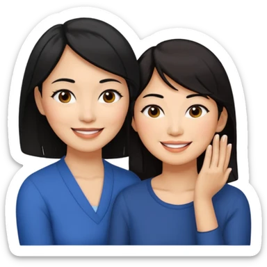Middle aged light brown skinned woman with black hair, beside a middle aged asian woman with dark brown hair touching their cheek sticker