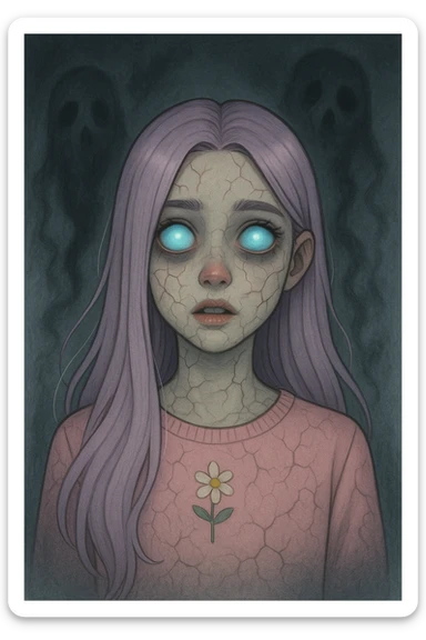 Make this pastel horror profile picture scarier while keeping it cute, expressive, and minimal, inspired by the style of imagen-4-fast-KaUtLiSA10F. Enhance the horror elements subtly but maintain the pastel color palette and minimalistic design with expressive features. sticker