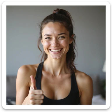 happy athletic toned woman smiling making thumbs up gesture with one hand, hyperrealistic details, 4K, natural light, neutral environment sticker