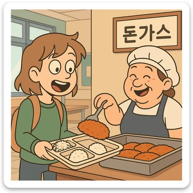 돈가스 being served in a school cafeteria, cheerful style sticker