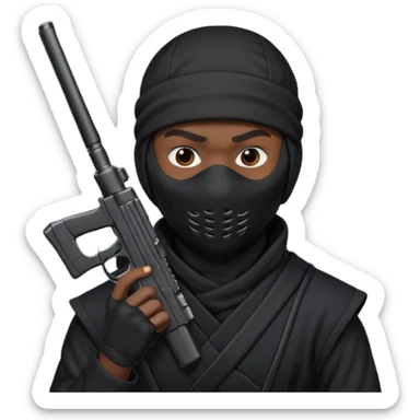 A black male in a ninja mask with a gun sticker
