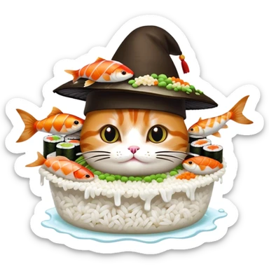 cat wearing a sushi hat with rice base, multiple fish pieces on top, wasabi accent, and lots of soy sauce heavily dripping down the sides, abundant sauce flowing from sushi hat sticker