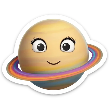 remake the saturn emoji with cartoon smiling face with the rings bigger and more colorful, make the eyes white with black irises and feminine eyelashes sticker