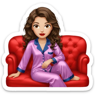 Woman with brunette hair light tanned skin reading on sofa. Long wavy hair. Beige ivory colours. Silk pyjamas. Realistic. Foxeye with lashes. Glamorous makeup sticker