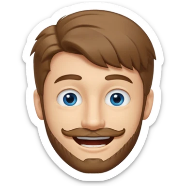 25 year old man, short scruffy beard and thin moustache, brown puffy mullet, blue eyes, big smile, white teeth, big lips, pronounced jaw, hair longer in back, sticking up on top, thin face sticker