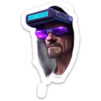 Walter White wearing a black hoodie with "OMG" letters on it and VR headset in a cyberpunk VR environment with violet neon lighting. sticker