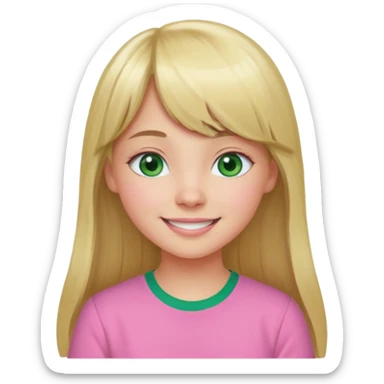 Menina branca de cabelo loiro longo de franja na testa sorrindo blusa rosa olho verde sticker