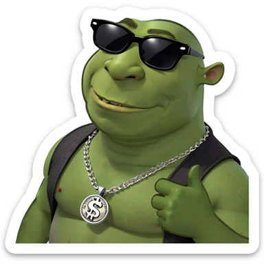 Shrek wearing sunglasses surrounded by money sticker
