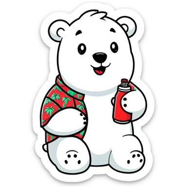 polar bear in a colorful Hawaiian shirt with Coke bottle pattern, sipping Coca-Cola sticker