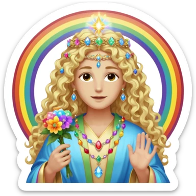 a being made of light pleidian nordic long faces and curly huge thick blond hair but beautiful features of light wearing jewels and a rainbow halo like a saint arount her a robe on made of light and gem  transparent belly dancer and who is lanky holding a bouquet of crystal flowers on rainbow fire sticker