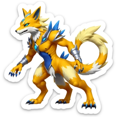 Feral Quadrupedal Digitigrade Renamon-Zeraora-Vernid-Sergal-fusion-hybrid-creature, full body  sticker