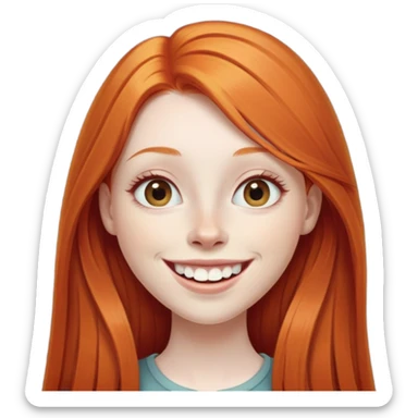 traditional emoji of young girl with very pale skin, long straight bright ginger red hair, elongated almond-shaped eyes, long nose, big smile with large prominent teeth showing, classic round face sticker