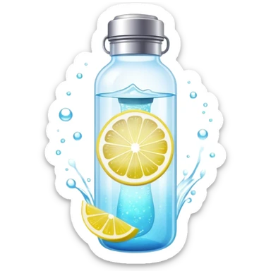 Ethereal glowing water bottle with floating lemon slice and sparkling creatine powder, surrounded by magical aura sticker