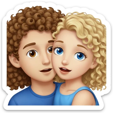 brown hair curly girl with brown eyes bititng a blonde boy with blue eyes sticker