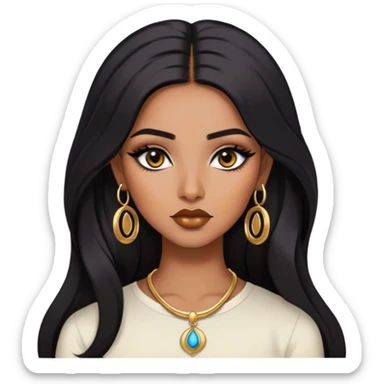 indian girl, brown skin, long black voluminous hair, brown underneath colored hair, baddie,pretty, makeup, lipliner, black eyeliner, gold hoop earrings, white top sticker