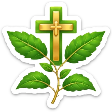 "A clean, friendly emoji of three vibrant green Tulsi (Holy Basil) leaves centered over a small, glowing golden cross or 'plus' sign, symbolizing healing. Simple, flat, 32x32 pixel icon style. Transparent background. Icon for natural healing and wellness." sticker