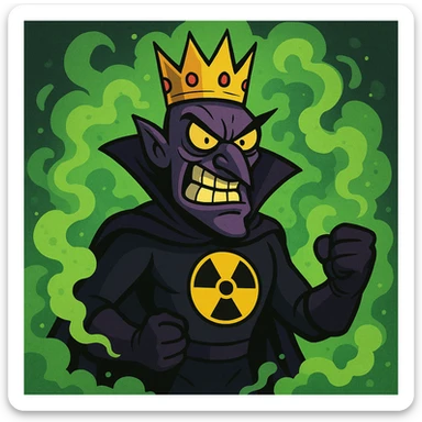 cartoonish villain with a nuclear symbol on its chest, surrounded by green radioactive smoke and a crown, looking intimidating sticker