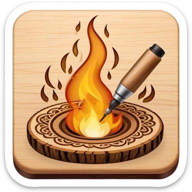 Pyrography icon, wooden surface with detailed burn marks, intricate patterns being burned into wood with pyrography tool, minimalistic style, clean lines, transparent background. sticker