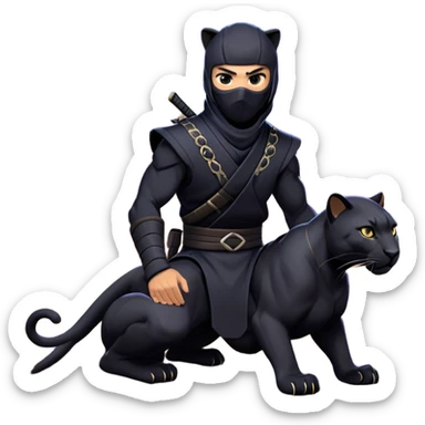 clash-of-clans-aesthetic_-cinematic-mysterious-male-ninja-portrait-emoji, rendered in a flat, vector-style with minimal shading and bold, simplified shapes, with a head slightly turned revealing intense, focused eyes, perched atop a sleek, agile panther with glossy fur moving silently through shadowed urban rooftops and moonlit alleyways. sticker