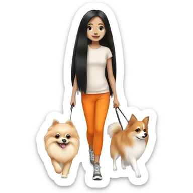 pale girl with long black hair walking with orange pomeranian sticker