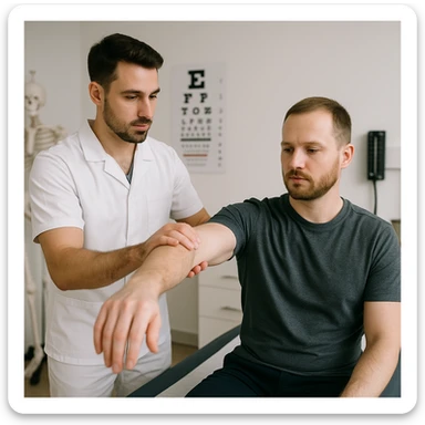 realistic image of a kinesiologist assessing joint mobility of a patient in a medical environment with clinical instruments, professional atmosphere sticker