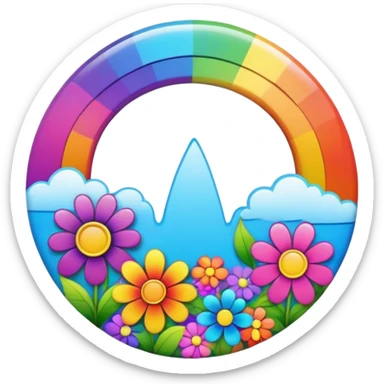 A round psychedelic colored button with a bezeled rainbow and colored hippie style flowers sticker