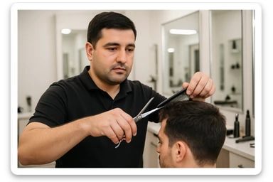 shu odamni sartaroshxonada mijozlarni sochini olayotganin  tasvirlab ber juda yosh ham katta ham bo'lmasin semiz ham bo'lib ketmasin sticker