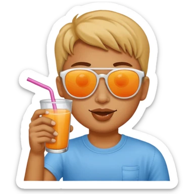 Sun is wearing sunglasses and drinking juice with stra sticker